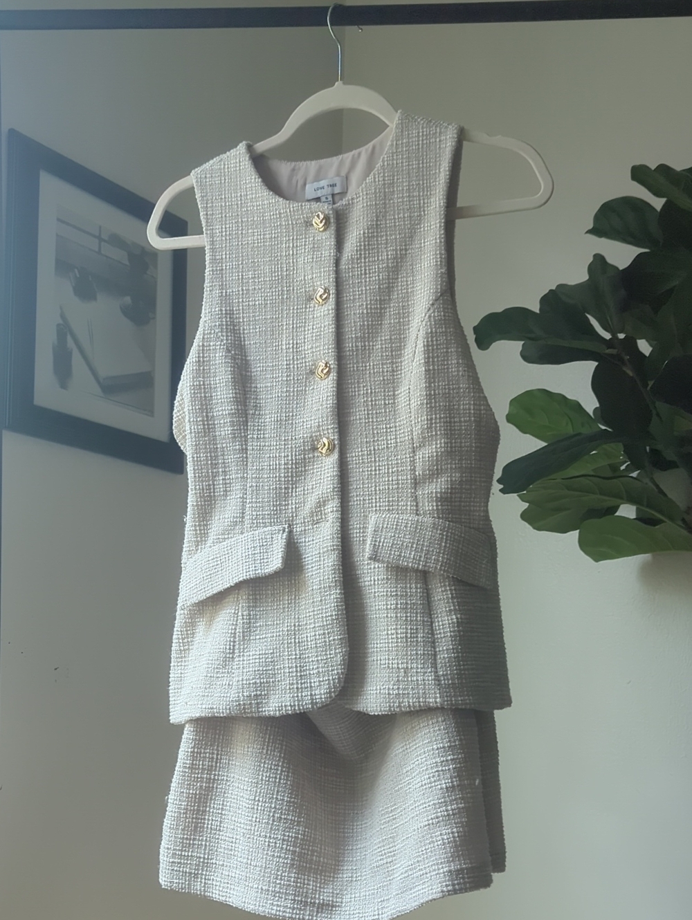 Love Tree Cream Tweed Sleeveless Vest Jumpsuit